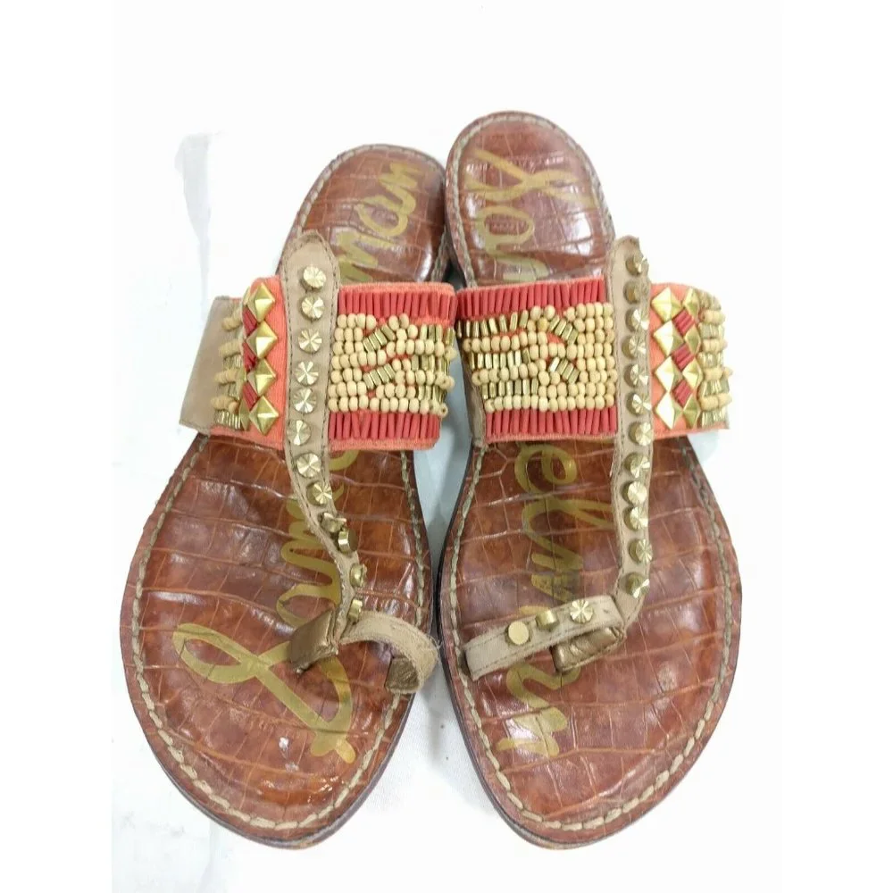 SAM EDELMAN Gideon Beaded Toe Ring Sandals Size US 7.5 M Natural Multi Red Gold